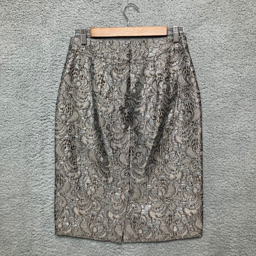 Ann Taylor Pencil Skirt 2 Mohair Wool Blend Silver Metallic Shiny Brocade Office - Picture 2 of 10